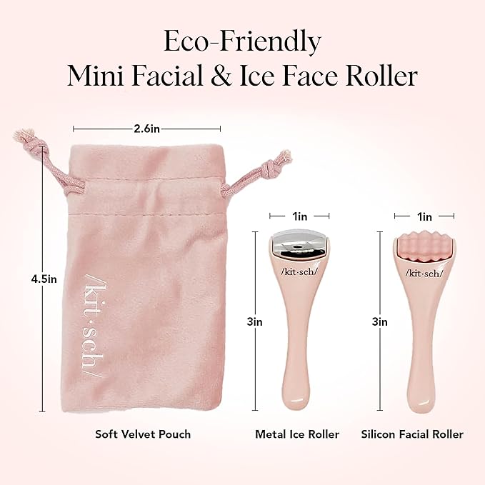 Kitsch Mini Facial Roller & Ice Face Roller Skin Care Tool Set for Women - Face Massager for Puffy Eyes, Cold Therapy, Lymphatic Drainage Massager, Self Care Gifts for Women & Men - Blush-GlimoraGlow