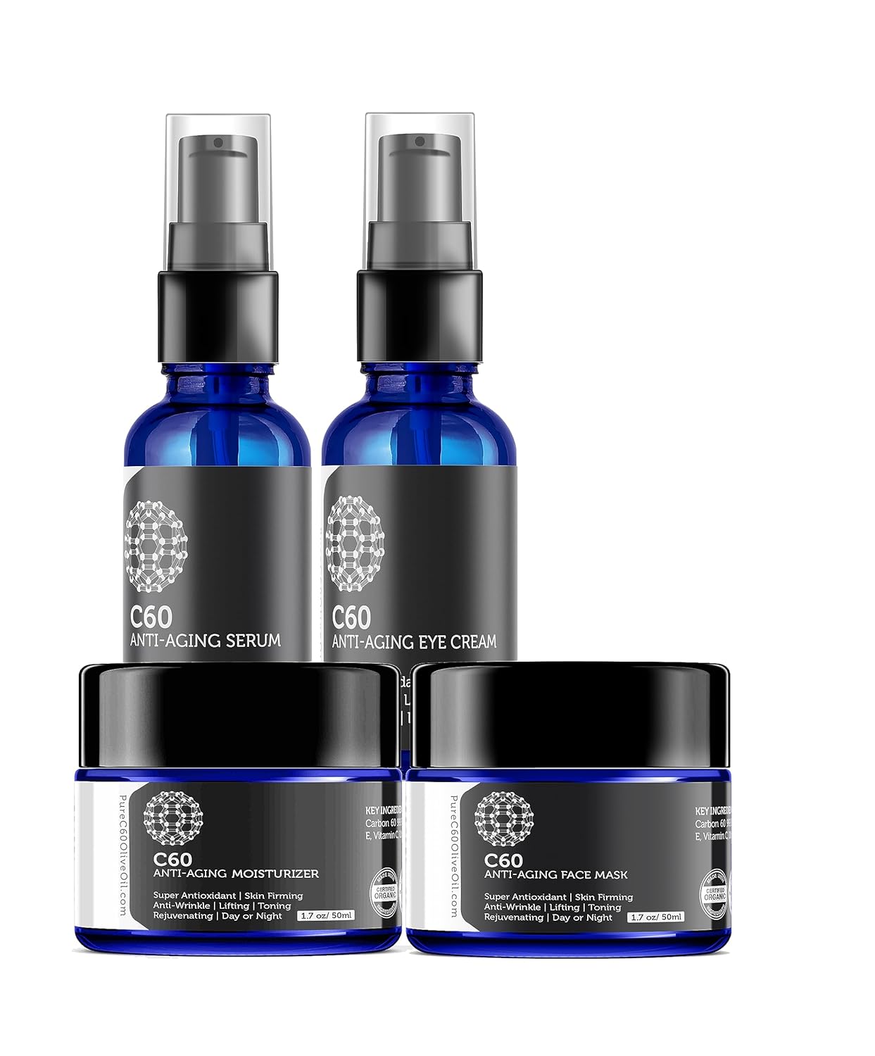 C60 Complete Skin Care Solution - Anti Aging Moisturizer, Mask, Eye Cream and Serum with Carbon 60 Superantioxidant - Brightening for Dark Spots, Even Skin Tone, Eye Area, Fine Lines & Wrinkles-GlimoraGlow