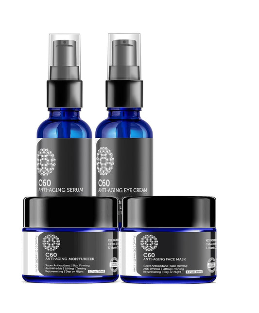 C60 Complete Skin Care Solution - Anti Aging Moisturizer, Mask, Eye Cream and Serum with Carbon 60 Superantioxidant - Brightening for Dark Spots, Even Skin Tone, Eye Area, Fine Lines & Wrinkles-GlimoraGlow