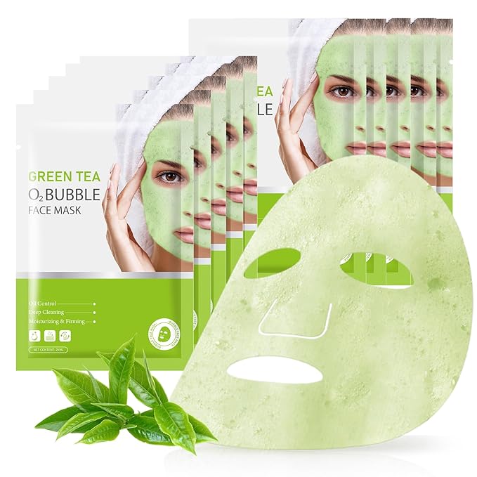 10 Sheets Face Masks Skincare O2 Bubble Green Tea Face Mask, Cleaner Bubble Sheet Masks Foaming Purifying Facial Mask for Pores, Moisturizing Spa Face Masks Skin Care For All Skin Type-GlimoraGlow