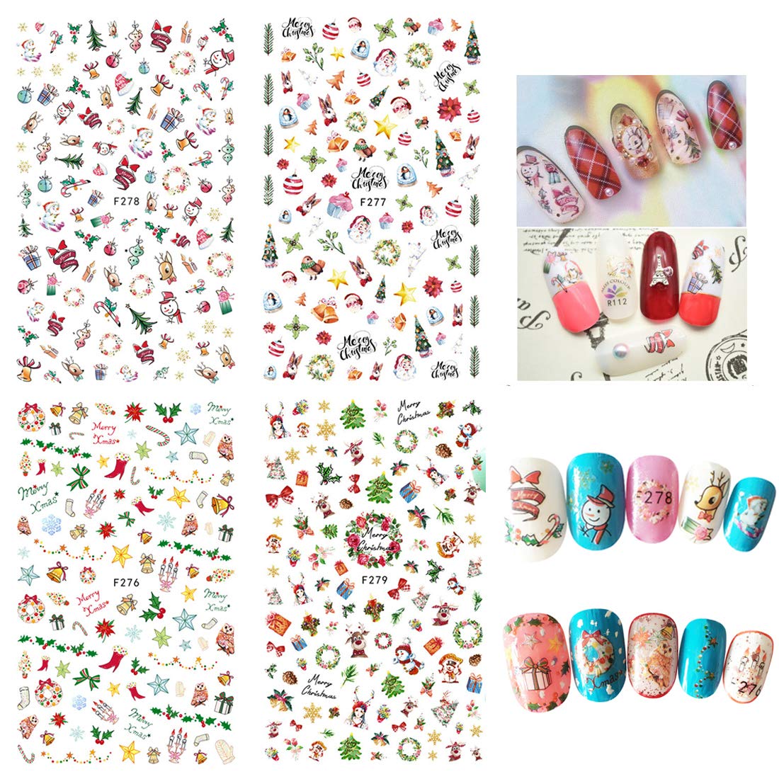 1000 Patterns Christmas nail art sticker decals, Kalolary Self-Adhesive Nail Stickers Santa Claus Snowflake Snowman Christmas Bell Tree Stick Elk for Christams Nail Decoration Gift(12 Sheets)-GlimoraGlow