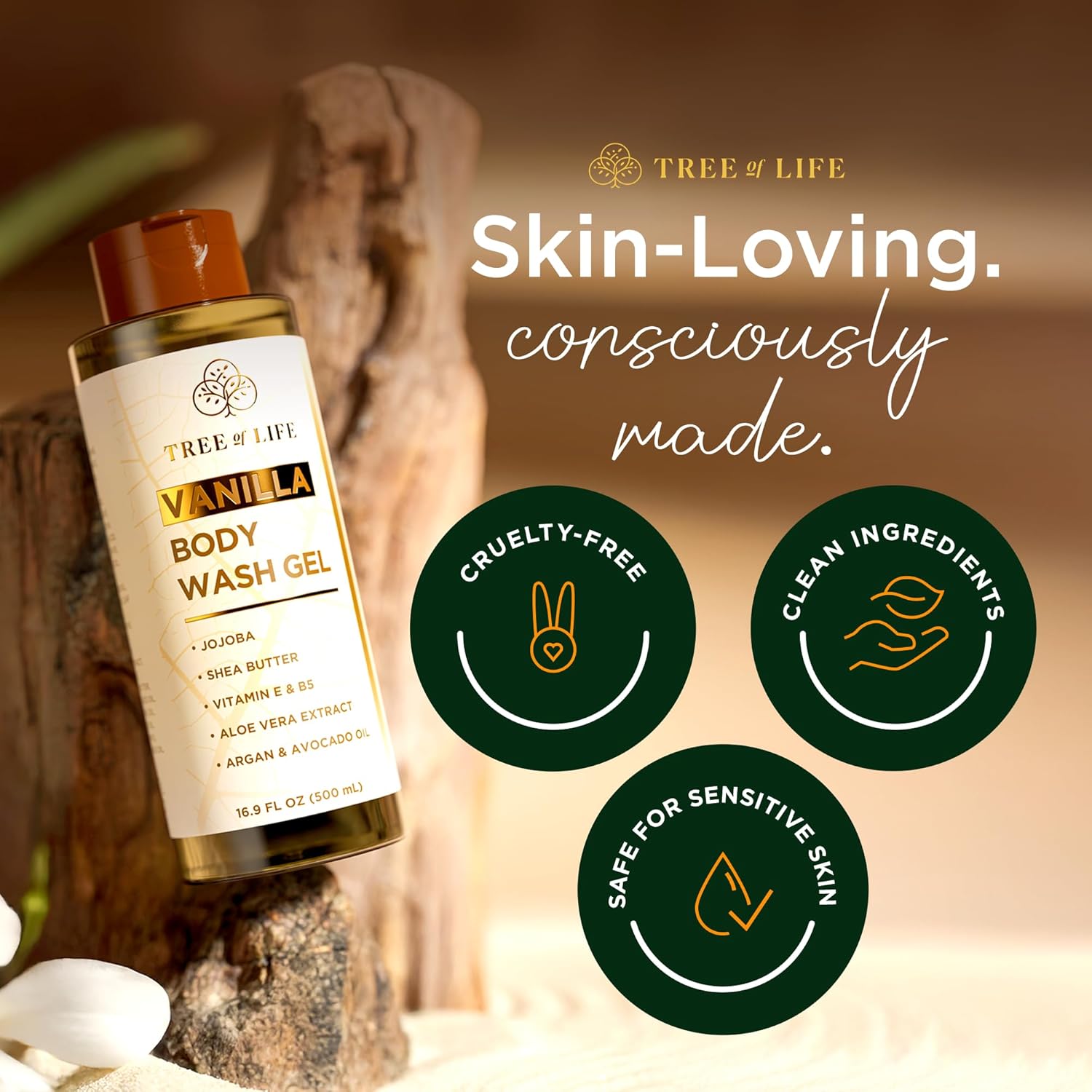 Tree of Life Vanilla Body Wash Gel - Moisturizing Shower Gel with Jojoba Oil and Shea Butter Hydrating Body Wash for Sensitive Skin and All Skin Types, 16.9 fl oz-GlimoraGlow