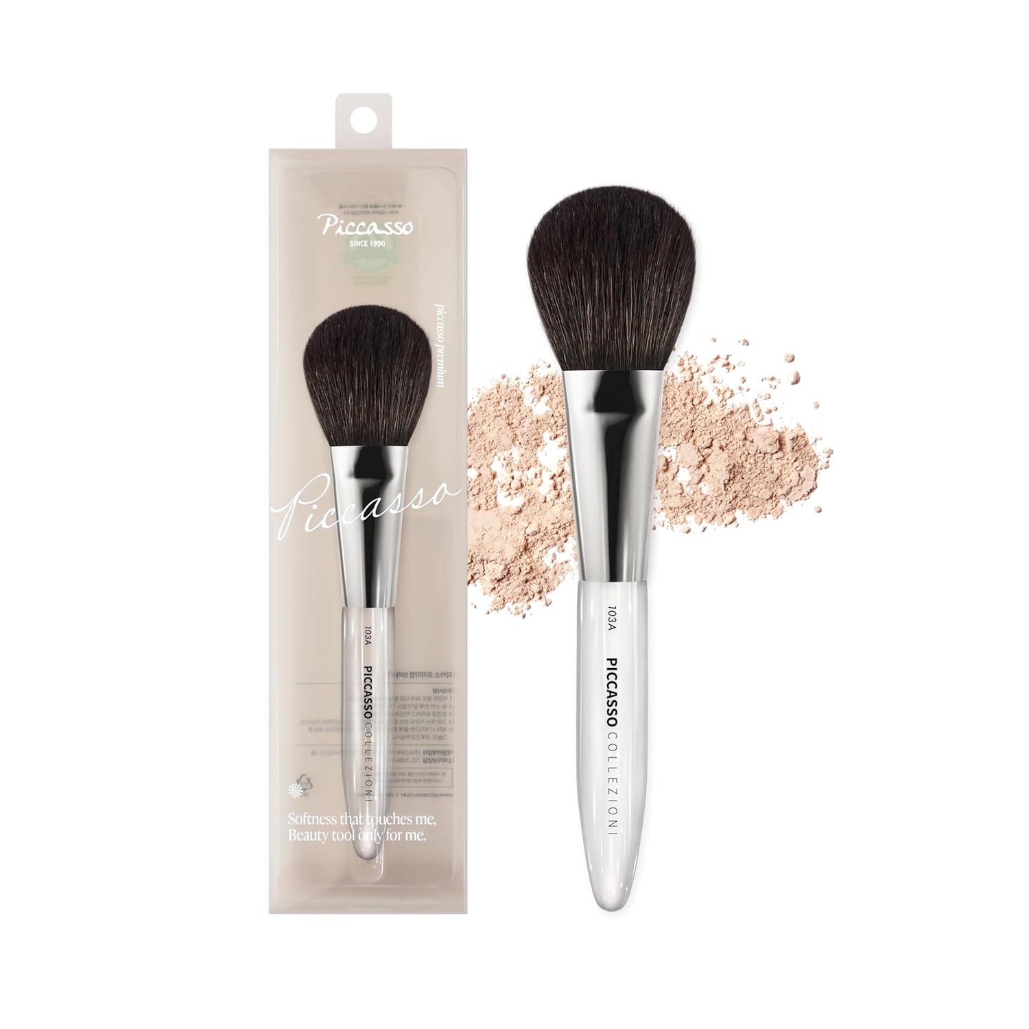 Piccasso COLLEZIONI 103A Powder Brush – Soft Makeup Brush for Face, Fluffy Blush and Setting Tool with Goat Hair Blend, Ideal for Powder Application, Shading, and Natural Finish, Professional Korean-GlimoraGlow