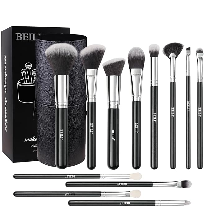 BEILI Makeup Brushes 12pcs Makeup Brushes Set with Holder Premium Synthetic Kabuki Foundation Brush Blending Blush Concealer Full Face Makeup Brushes Kit With Gift Box(Black)-GlimoraGlow