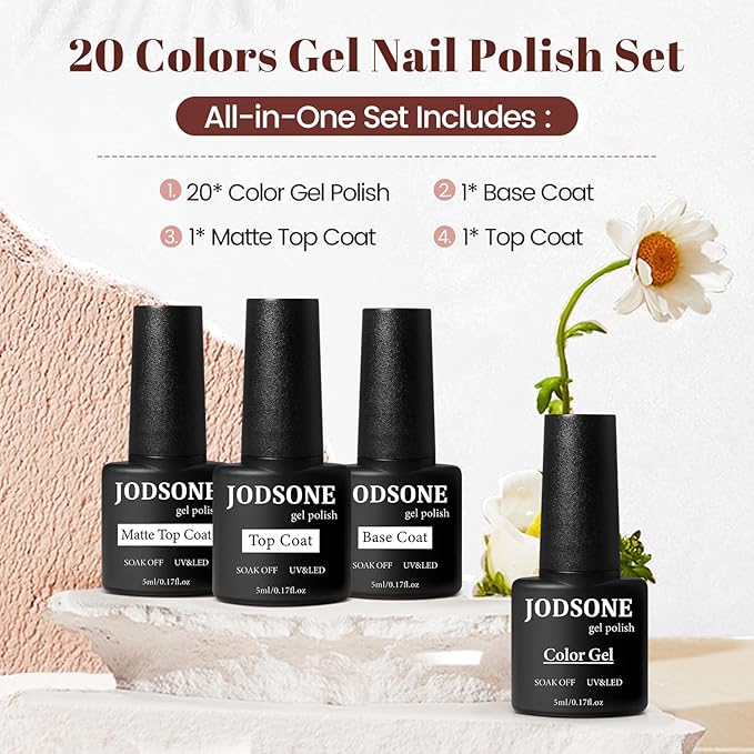 JODSONE 23 PCS Gel Nail Polish Set with Base Glossy and Matte Top Coat Multicolored Gel Nail Long Lasting Suitable for All Seasons-GlimoraGlow
