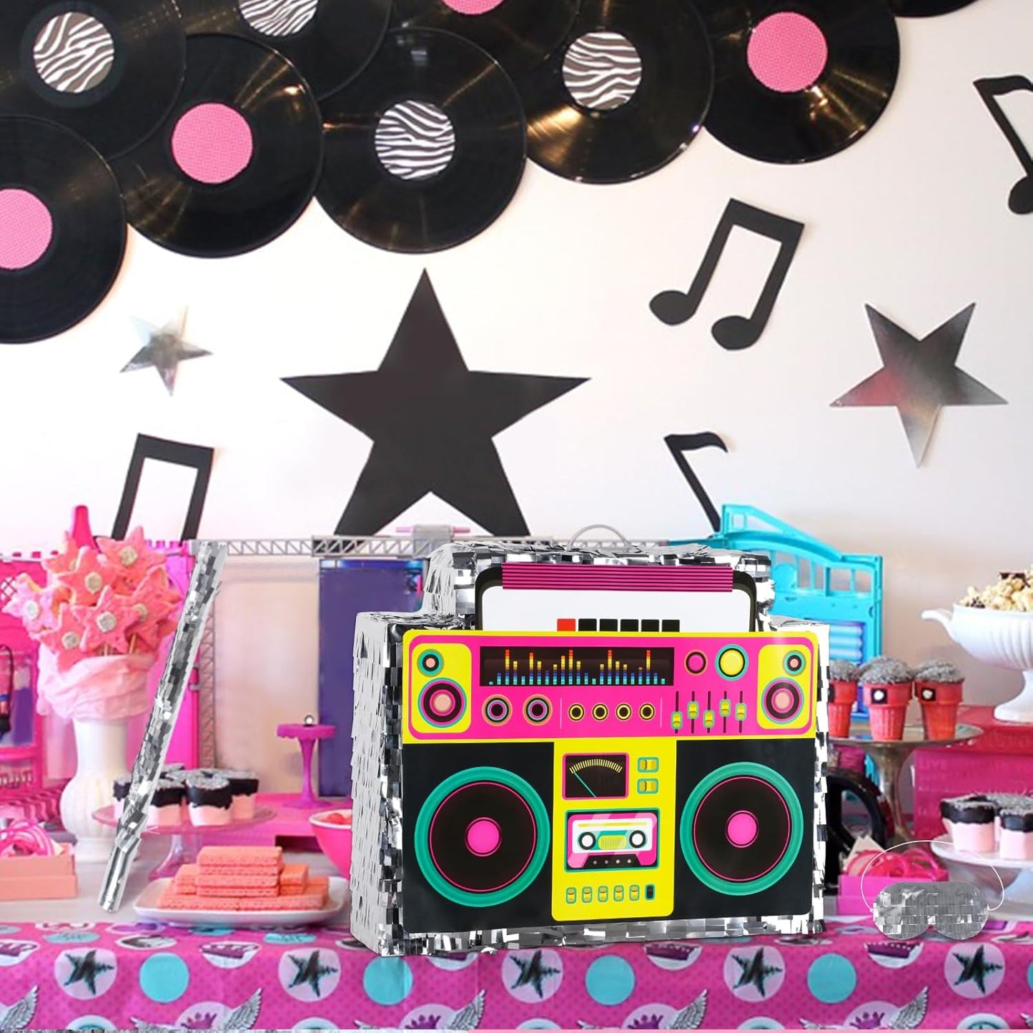 Boombox Pinata with Stick & Hanging Loop Retro 90s Hip Hop Mexican Pinata Game for Back to the 80s Party Nostalgia Large Radio Gifts 70' Theme Birthday Party Decorations Supplies