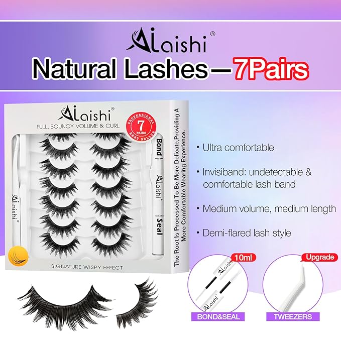 False Eyelashes Kit With Bond, Seal and Tweezer, 7 Pairs Fluffy Natural Look Fake Cat Eye Lashes Strips Thin Band Extensions Waterproof Easy Eyelashes for Beginners DF64-GlimoraGlow