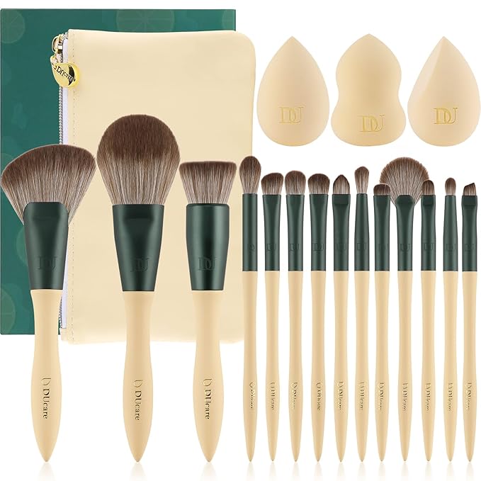 DUcare Makeup Brushes 14Pcs with 3Pcs Makeup Spong & Cosmetic Bag - Lime Mojito Series Makeup Brush Set for Foundation Blending Face Powder Blush Concealers Eye Shadows-GlimoraGlow