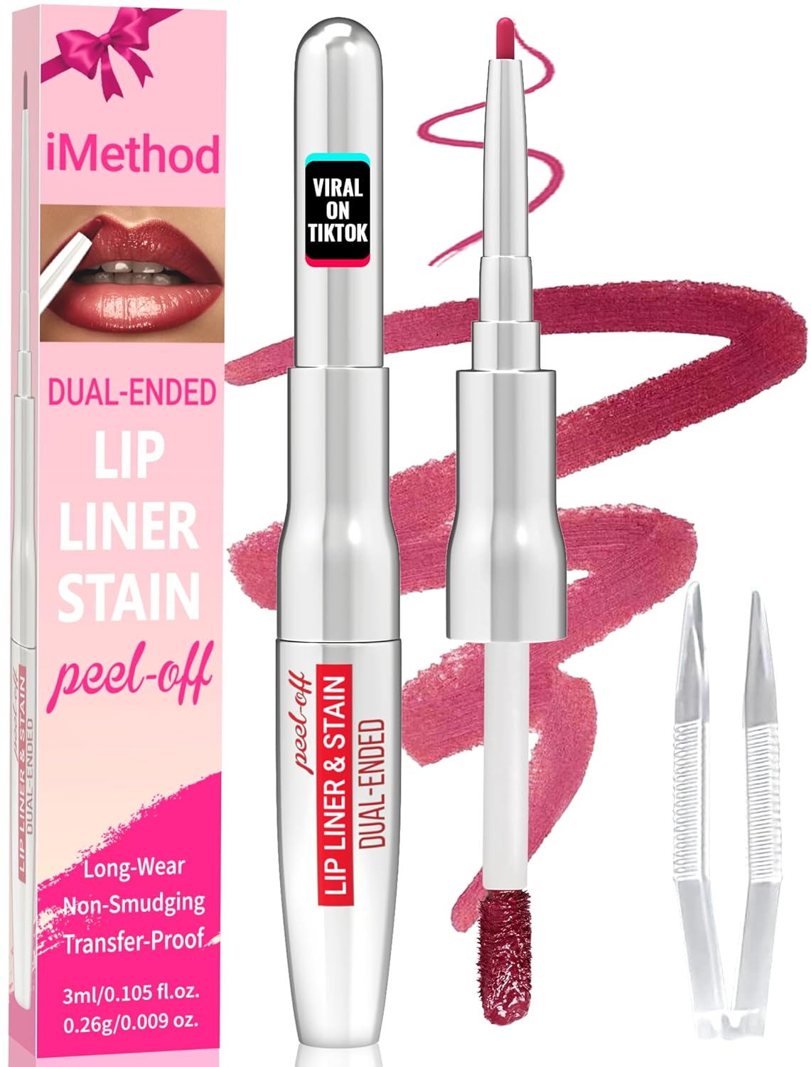 iMethod Lip Liner Stain - Lip Stain, 2-In-1 Dual-Ended Peel Off Lip Stain with Tweezer, Natural Long Lasting Peel Off Lip Liner, Easy to Use for All Skin Types, Stay All Day, Mauve-GlimoraGlow