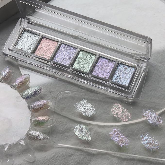 Iridescent Nail Glitter Set, 6 Colors Mud Texture Aurora Chrome Powder, Pink Blue Pearlescent Glitter, Chameleon Nail Flakes Gold Leaf, Holographic Manicure Decor-GlimoraGlow