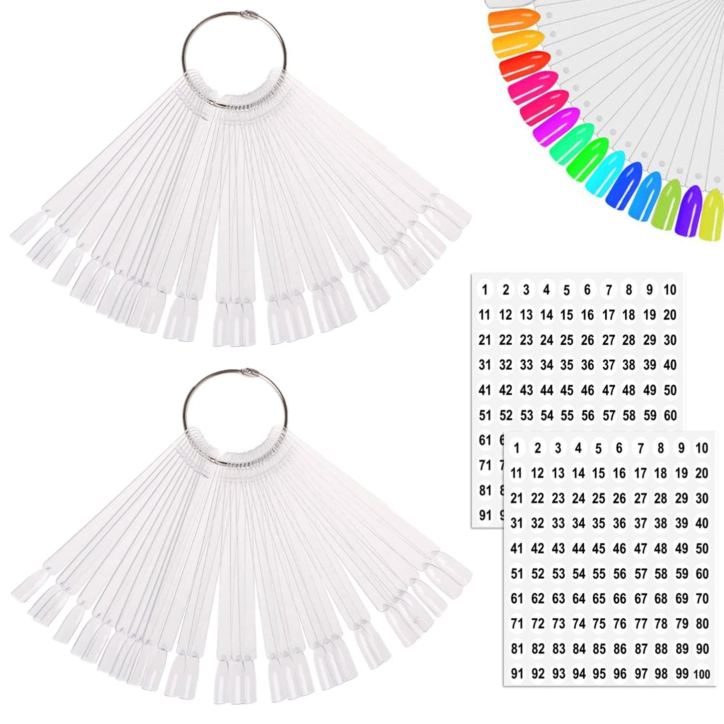 JASSINS 100 Pcs Clear Fan-shaped False Nail Swatch Sticks Nail Polish Practice Display Art Tips Nail Sample Sticks With Metal Split Ring-GlimoraGlow