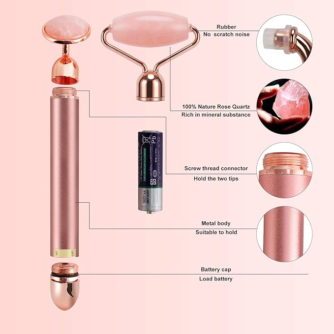 2-IN-1 Electric Jade Roller Massager Facial Roller & Face Massager, Rose Quartz-GlimoraGlow
