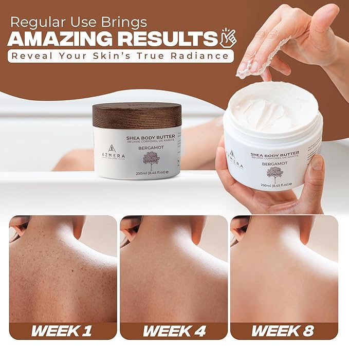 AZMERA Handcrafted Whipped Shea Body Butter – Luxurious Moisturizer for Dry, Sensitive Skin with Bergamot, Argan Oil & Vitamin E – Vegan, Non-Greasy Skincare – 8.82 oz-GlimoraGlow