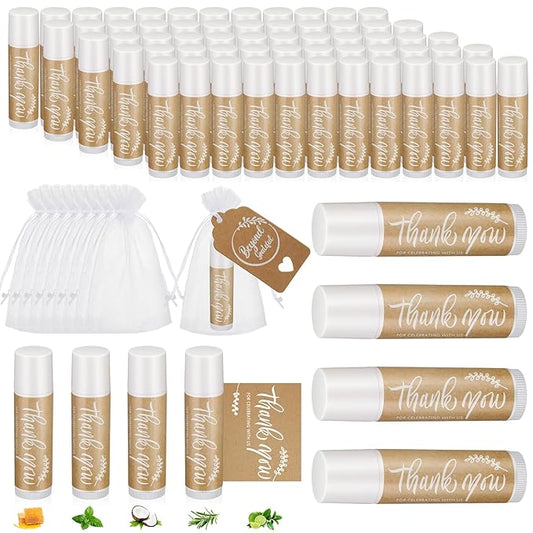 100 Set Thank You Lip Balm Bulk Small Natural Moisturizing Mini Lip Balm with Organza Bag and Card for Baby Wedding Bridal Shower Thank You Favors Bridesmaid Gifts Women Guests-GlimoraGlow