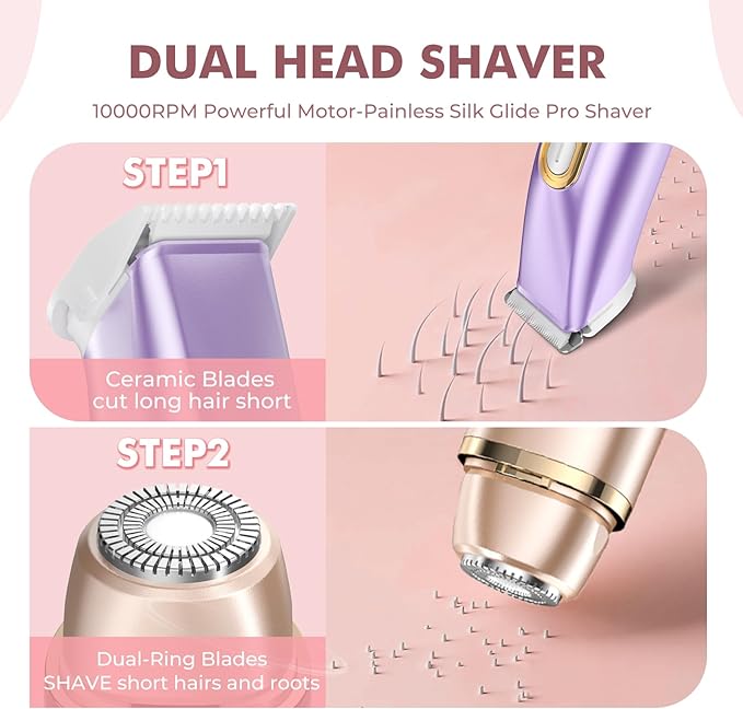 2 in 1 Bikini Trimmer for Women, Dual Head Electric Razor, IPX7 Waterproof Wet/Dry Use Women Electric Shaver, Painless Body Facial Hair Remover for Bikini Legs Arm Underarm, (Lavender)-GlimoraGlow