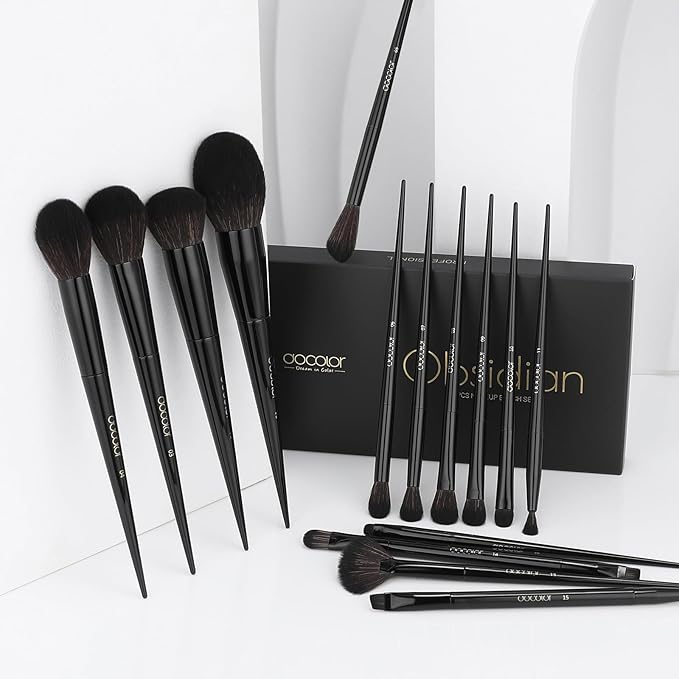 Docolor Makeup Brushes 15Pcs Obsidian Makeup Brush Set Premium Synthetic Powder Kabuki Foundation Contour Blush Concealer Eye Shadow Blending Eyeliner Crease Eyebrow Make Up Brush Kit-GlimoraGlow