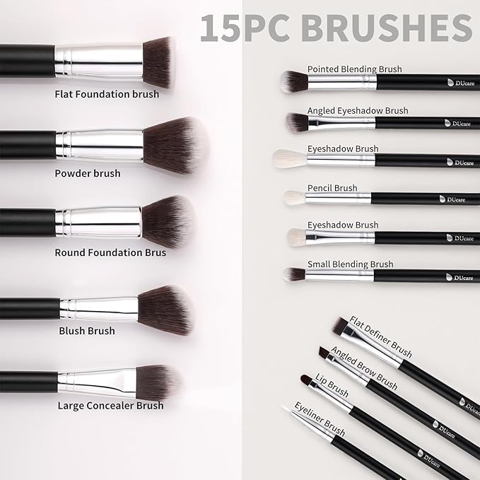 DUcare Makeup Brushes with Bag,15Pcs Makeup Brush Set Christmas Gift Travel Kabuki Foundation Blending Blush Eyeliner Shadow Brow Concealer Brushes Kit Black-GlimoraGlow