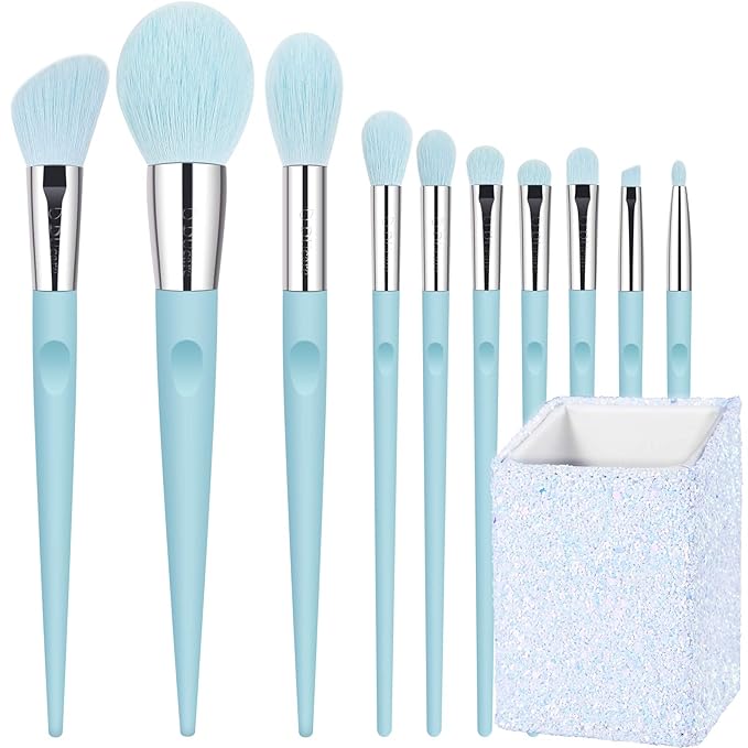 DUcare Makeup Brushes with Holder - 10Pcs Professional Synthetic Make Up Brushes Set for Blush Concealer Foundation Bronzer Powder Eyebrow Contour Eyeshadow Blending Makeup Brush Set, Ice Lake Blue-GlimoraGlow