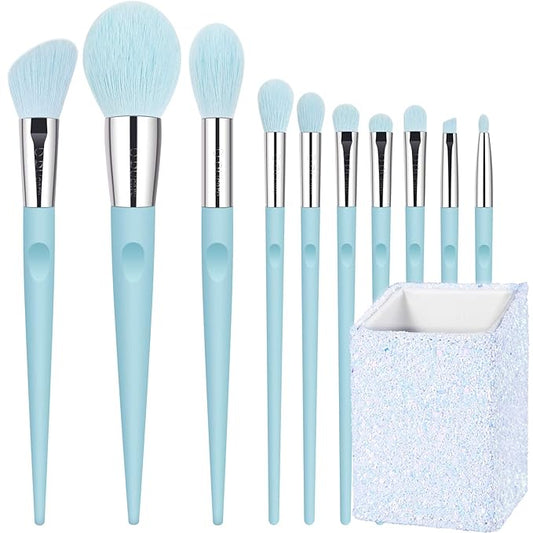 DUcare Makeup Brushes with Holder - 10Pcs Professional Synthetic Make Up Brushes Set for Blush Concealer Foundation Bronzer Powder Eyebrow Contour Eyeshadow Blending Makeup Brush Set, Ice Lake Blue-GlimoraGlow