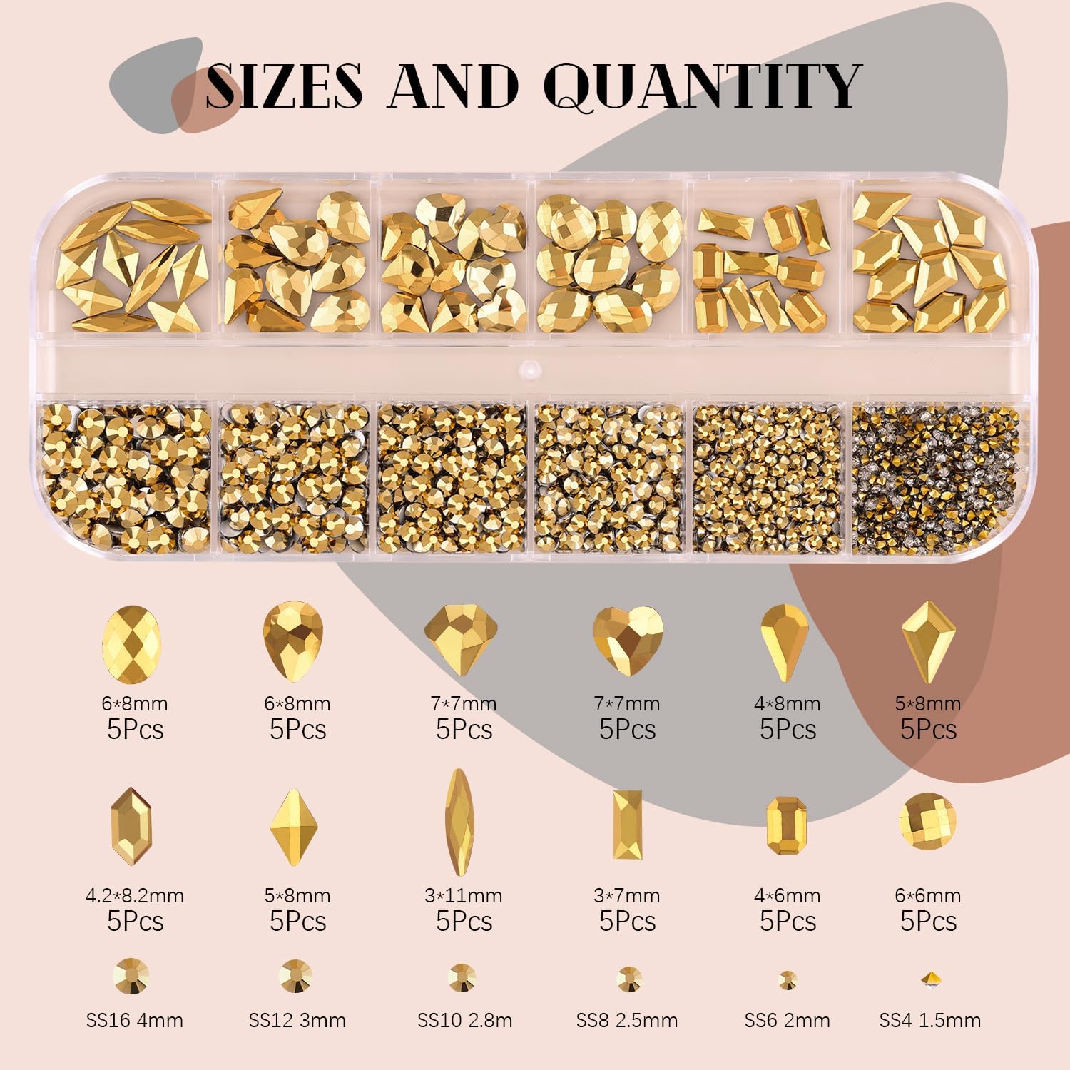 2060Pcs Mineral Gold Glass Nail Rhinestones 60Pcs Multi Shapes Flatback Nail Gems + 2000Pcs 1.5-4mm Round Crystal with Rhinestones Glue Gel, Manicure Nail Charms Diamond Gemstones for Nail Art-GlimoraGlow