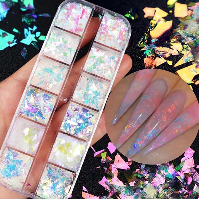 12 Colors Holographic Nail Art Glitter Sequins Aurora Holographic Mermaid Nail Glitter Flash Ice Residue Nail Glitter Sequin Chameleon Flakes Set Fluorescent Glass Paper for Face Body DIY Decoration-GlimoraGlow