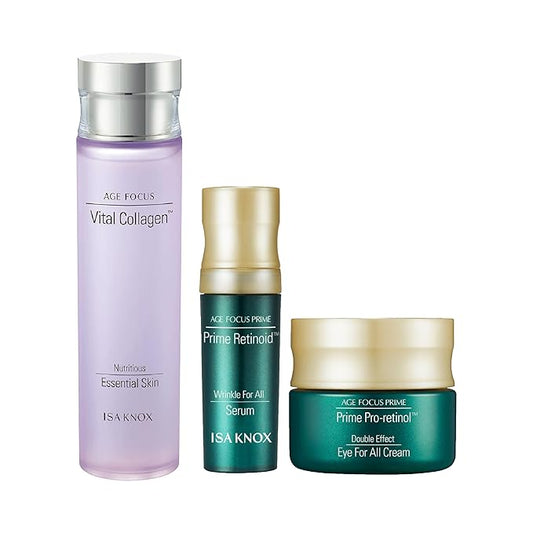 ISA KNOX AGE FOCUS VITAL COLLAGEN Emulsion, PRIME Wrinkle For All Serum & PRIME Eye For All Cream (177 ml/5.99 fl oz) - Korean Skin Care by LG Beauty. Vitamins C, B12 & E.-GlimoraGlow