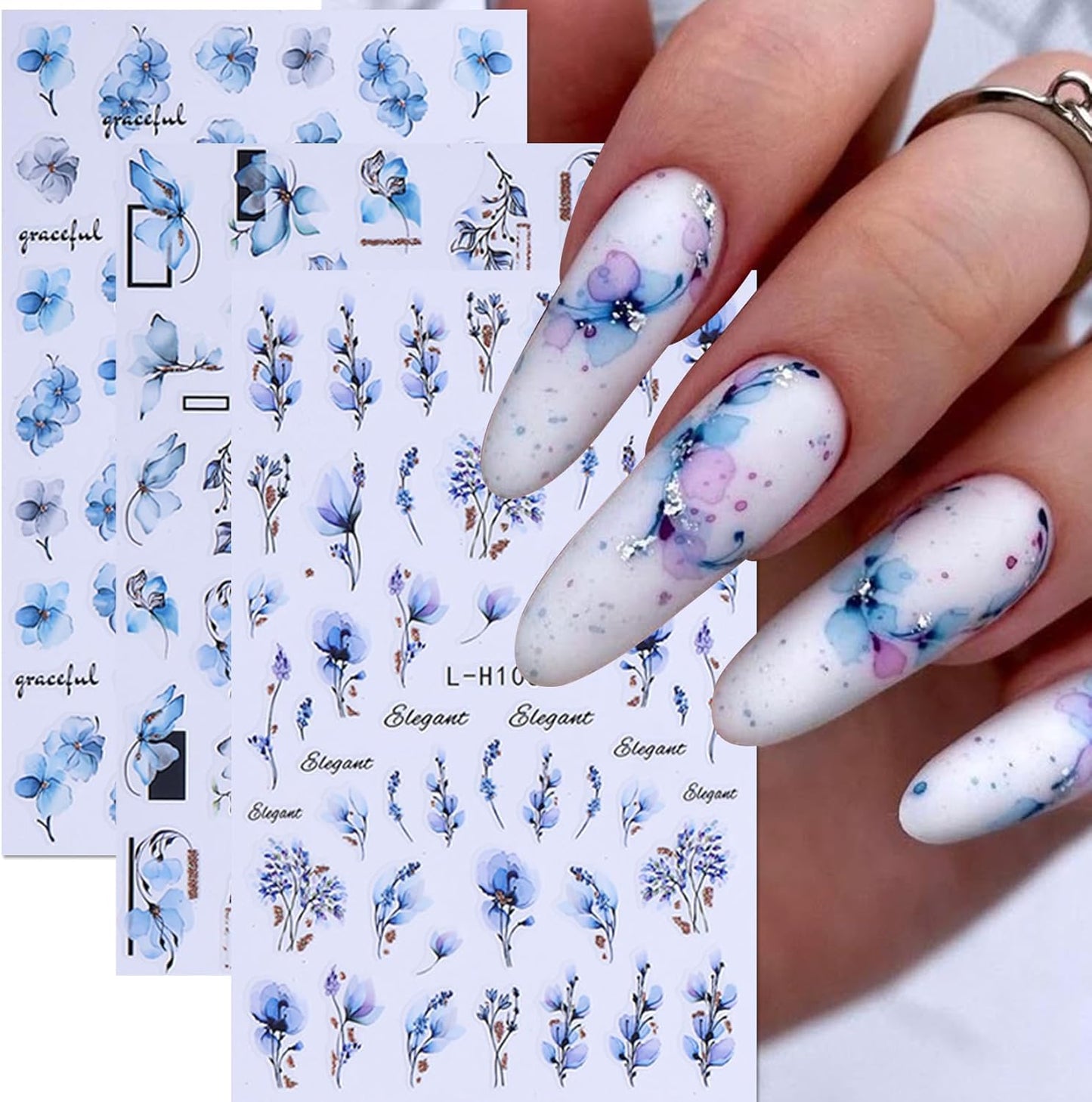 Ink Flower Nail Art Stickers 12 Sheets 3D Self-Adhesive Nail Decals with Tweezers Watercolor Floral Leaves Stickers Charming Blossom Flowers Designs Nail Art Supplies Manicure Accessories for Women-GlimoraGlow