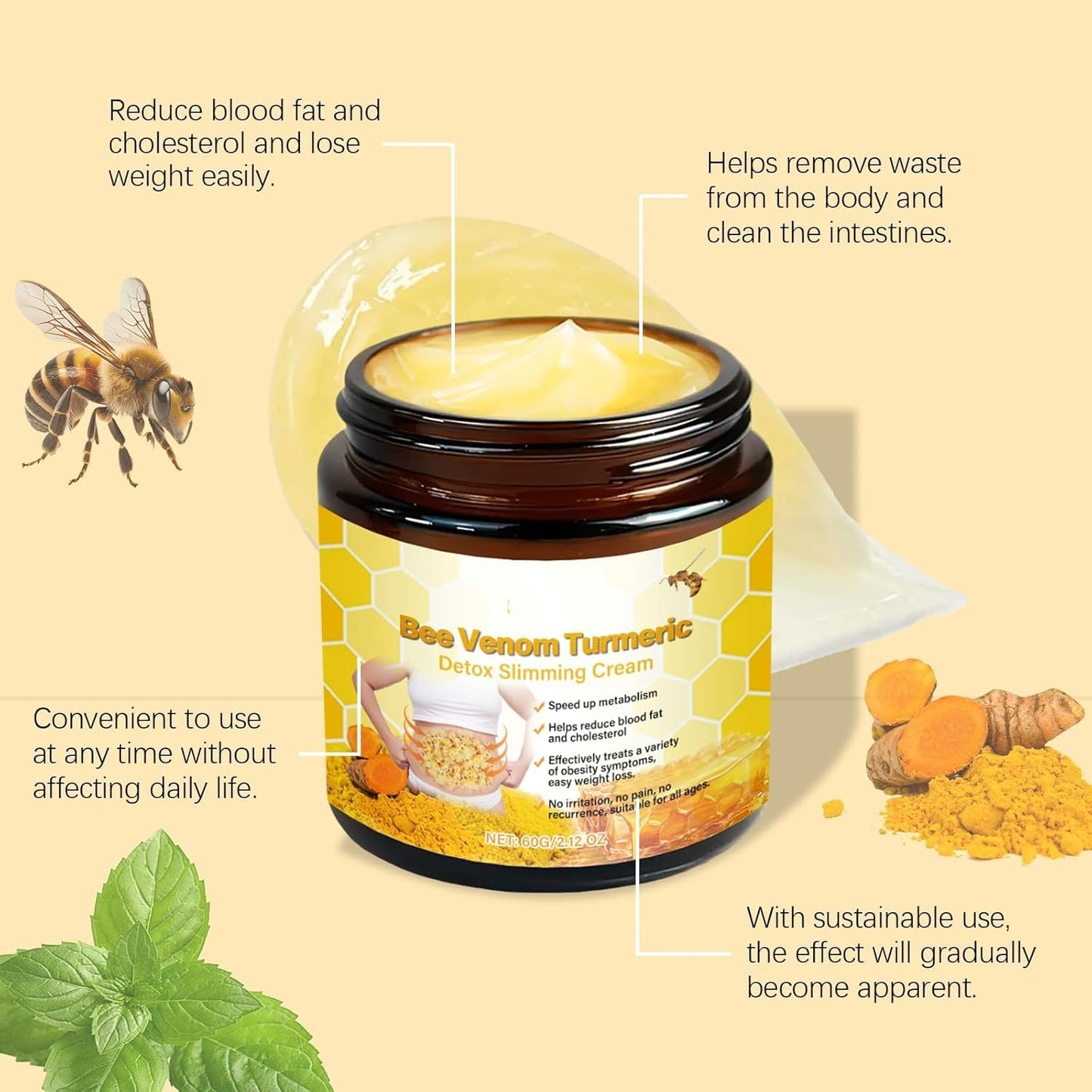 Bee Venom Comprehensive Cream,Turmeric Detox Slimming,Bee Venom Skin Treatment Cream,Body Massage Cream,Natural Skin Moisturizer for All Skin Types(2pcs)-GlimoraGlow