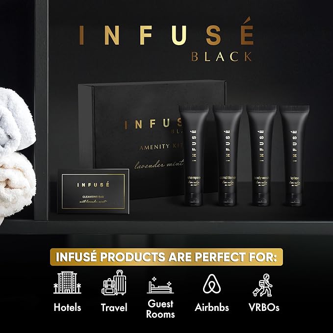 Infuse Black Amenity Kit | Boxed Hotel Toiletries | Bulk Set 1 oz Travel Size Shampoo, Conditioner, Lotion, Body Wash & Cleansing Bar for Guest Hospitality AirBnB/Vacation Rentals | 1 set per case-GlimoraGlow