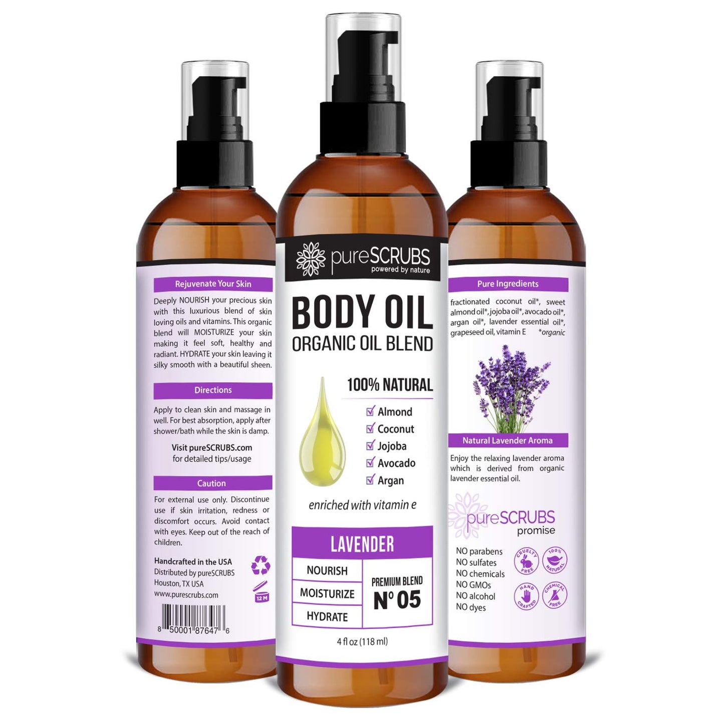 pureSCRUBS Ultra Moisturizing Lavender Body Oil Spray for Dry Skin, Massage, Cuticles & More, Organic Blend of Jojoba, Argan, Coconut, Sweet Almond & Avocado Oils Enriched with Vitamin E, Lg 4oz-GlimoraGlow