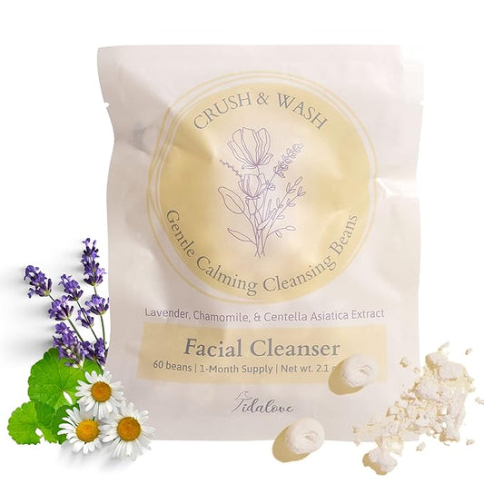 Daily 3 in 1 Facial Cleanser, Exfoliator and Wash-off Mask, Vegan, Cruelty Free, Plastic Free, Travel Friendly, 1 Month Supply Refill (60 Tablets) (Calming)-GlimoraGlow