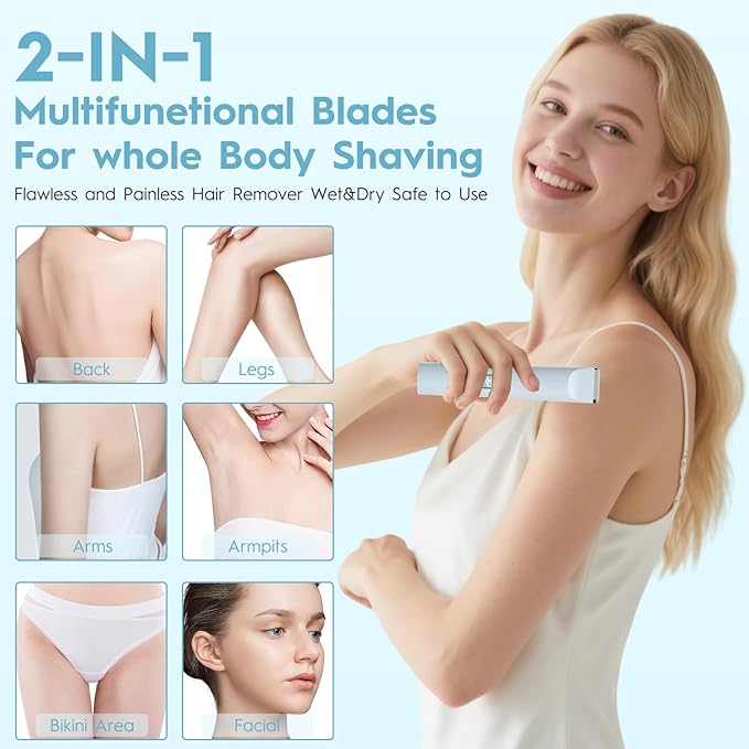 2025 Upgraded Dermave Bikini Shaver - 2 in 1 Bikini Trimmer for Women with LCD Display, Dual Head Cordless Electric Shaver, IPX7 Waterproof Wet/Dry Body Hair Trimmer for Face,Blue-GlimoraGlow