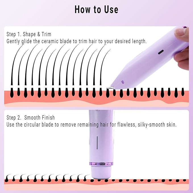2-in-1 Bikini Trimmer and Shaver Kit for Women, Electric Body Hair Trimmer Facial Hair Removal Cordless Bikini Shaver Razor for Face Lip Chin Pubic Underarm Legs, Purple-GlimoraGlow