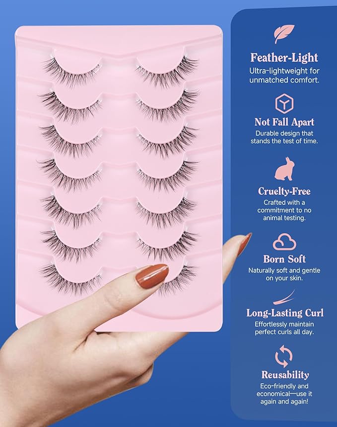 Short Cat Eye Lashes Clear Band False Eyelashes Wispy Natural Look Flared Strip Eyelash Soft Fluffy Lashe Pack 7 Pairs SF-10-GlimoraGlow
