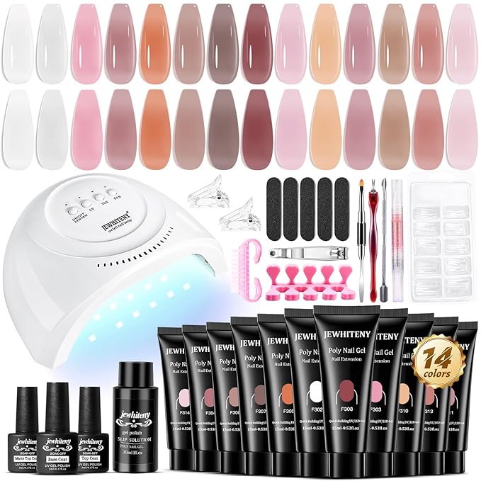 JEWHITENY Poly Extension Gel Kit With 48W LED Nail Lamp 14 Colors Builder Extension Gel All-in-One French Kit Nail Art Design Beginner Kit-GlimoraGlow