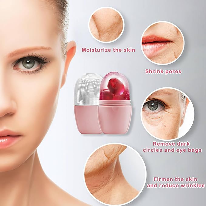 XHJRI Ice Face Roller Massager,Ice Cube Roller for Face, Eyes and Neck Naturally Conditioning and Skin Care,De-Puff Eye Bags,Reduce Migraine Pain,Reusable Massage Silicone Ice Mold (New Pink White)-GlimoraGlow