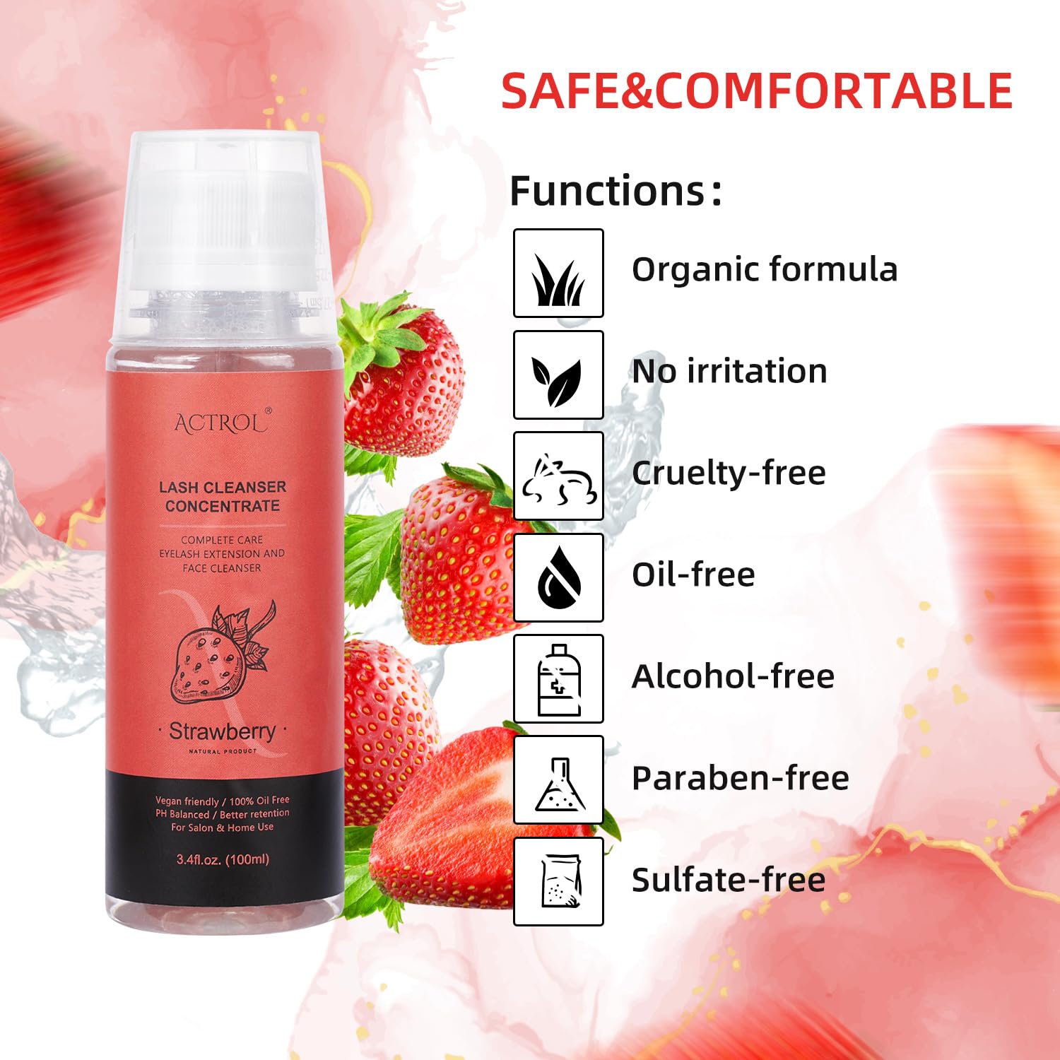 Eyelash Shampoo Concentrate 100ml Lash Extensions Cleanser Concentrate Strawberry Foaming Shampoo Paraben & Sulfate Free Wash for Extensions Lashes with Salon Home Care-Makes 60ml Bottles-GlimoraGlow