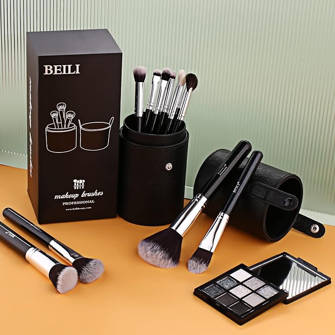 BEILI Makeup Brushes 12pcs Makeup Brushes Set with Holder Premium Synthetic Kabuki Foundation Brush Blending Blush Concealer Full Face Makeup Brushes Kit With Gift Box(Black)-GlimoraGlow
