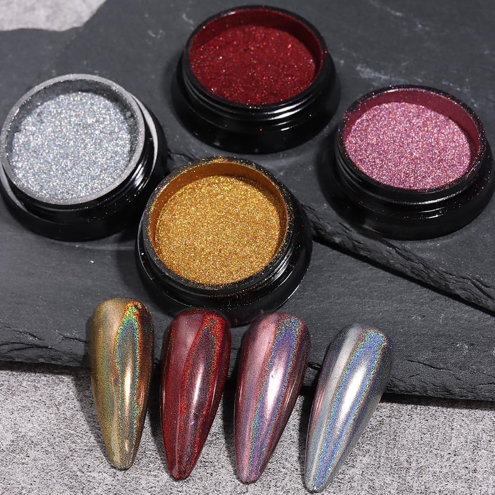 10Pcs Chrome Nail Powder Set, Holographic Unicorn Laser Nail Powder, Aurora Mermaid Iridescent Chameleon Mirror Effect Pigment Glitter Dust for Salon Home Nail Art DIY Decorations-GlimoraGlow