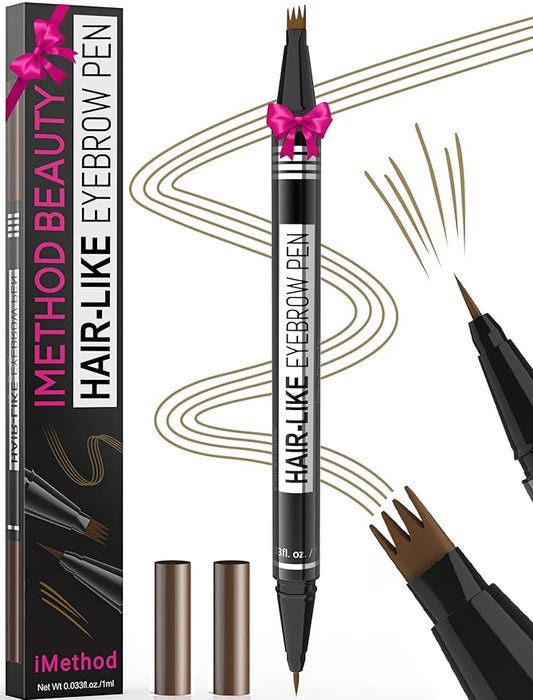 iMethod Microblading Eyebrow Pen - Eyebrow Pencil Magical 2-in-1 Dual-Ended Eye Brow Pencils for Women with 4-Fork-Tip & Precise Brush-Tip Create Natural Hair-Like Brows, Last All-Day, Light Brown-GlimoraGlow