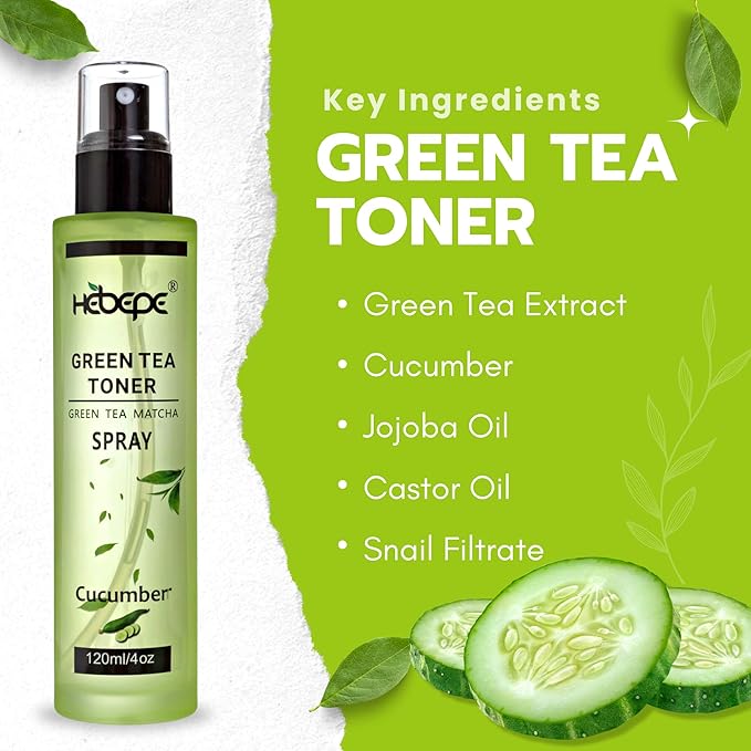 Green Tea Face Mist with Cucumber 4 oz, Matcha Facial Toner Spray Hyaluronic Acid for All Skin, Hydrating Soothing Reduces Redness Cooling After-Sun for Women Men, Alcohol-Free-GlimoraGlow