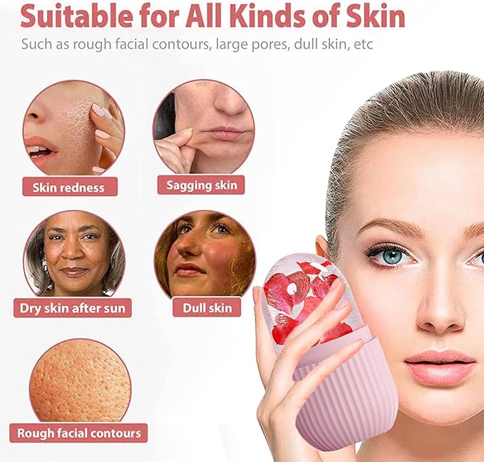 XHJRI Ice Face Roller Massager,Ice Cube Roller for Face, Eyes and Neck Naturally Conditioning and Skin Care,De-Puff Eye Bags,Reduce Migraine Pain,Reusable Massage Silicone Ice Mold (Pink White)-GlimoraGlow