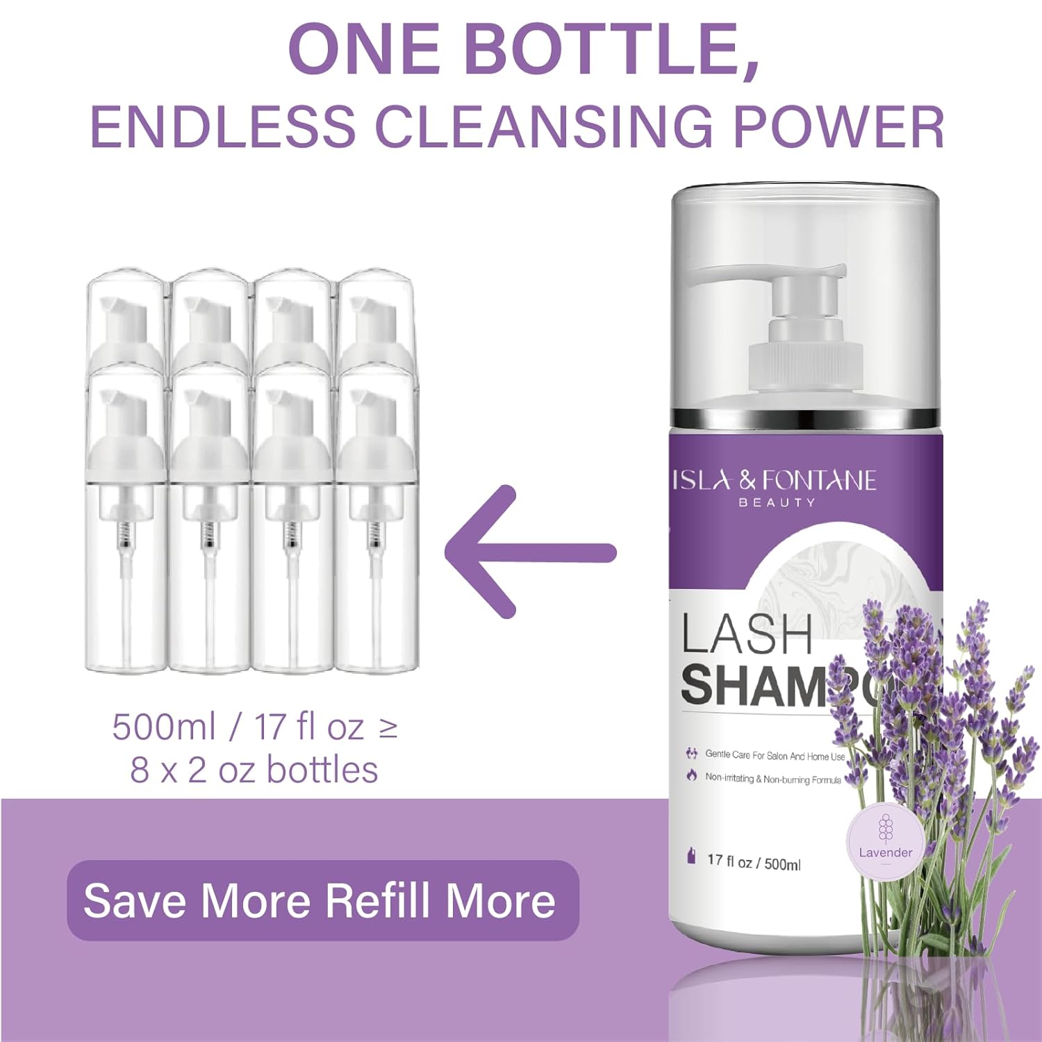 ISLA & FONTANE Lash Shampoo Bulk – Multi-Scent Series – 17 fl oz / 500ml | Gentle Eyelash Cleanser for Lash Extensions | Non-Irritating | Professional Lash Bath Foam For Salon And Home Use (Lavender)-GlimoraGlow