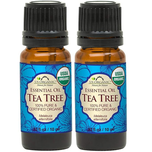 US Organic 100% Pure Tea Tree Essential Oil, Steam Distilled, USDA Certified Organic, for Hair, Skin, Scalp, Foot, Toenails, and More. Sourced from South Africa, Undiluted, Non-GMO (10 ml, 2 Pack)-GlimoraGlow