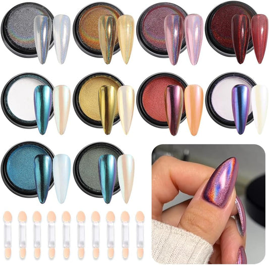 10Pcs Chrome Nail Powder Set, Holographic Unicorn Laser Nail Powder, Aurora Mermaid Iridescent Chameleon Mirror Effect Pigment Glitter Dust for Salon Home Nail Art DIY Decorations-GlimoraGlow