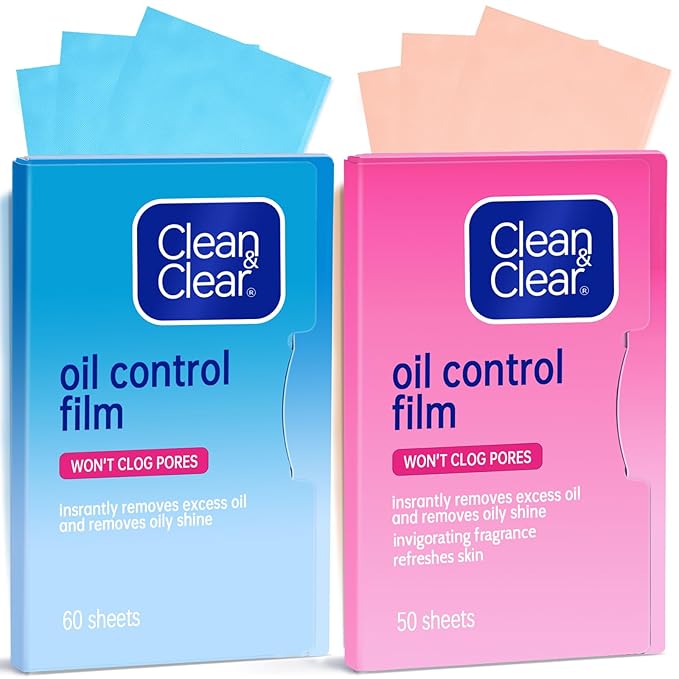 Oil Absorbing Tissues Oil Control Film, Oil Blotting Paper Same Series with Clean & Clear Oil Absorbing Facial Sheets for Oily Skin, 60 sheets Blue + 50 sheets Pink-GlimoraGlow