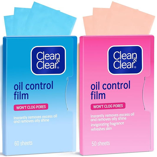 Oil Absorbing Tissues Oil Control Film, Oil Blotting Paper Same Series with Clean & Clear Oil Absorbing Facial Sheets for Oily Skin, 60 sheets Blue + 50 sheets Pink-GlimoraGlow
