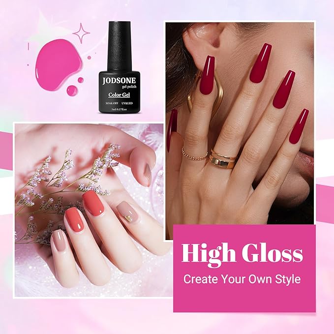 JODSONE 23 PCS Glitter Gel Polish with Soak off Base Coat Matte and Glossy Top Coat Glitter Red Pink Color High Shine and Fashion Gel Nail Polish Kit-GlimoraGlow