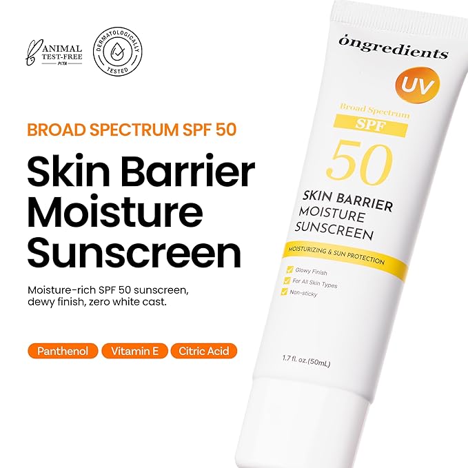 ONGREDIENTS Skin Barrier Moisture Sunscreen Broad Spectrum SPF 50, Glowy Finish, Non-Sticky, No White Cast, Hydrating, Moisturizing, Airy Texture, Korean Skin Care, All Skin Types (1.7 fl. Oz)-GlimoraGlow