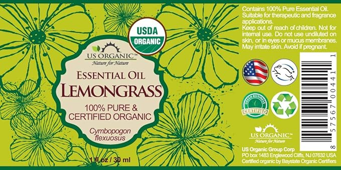 US Organic 100% Pure Lemongrass Essential Oil, USDA Certified Organic, Extracted by Steam Distillation Method, for Hair, Nail Polish Remover, Bees Attraction, and More. 30 ml-GlimoraGlow